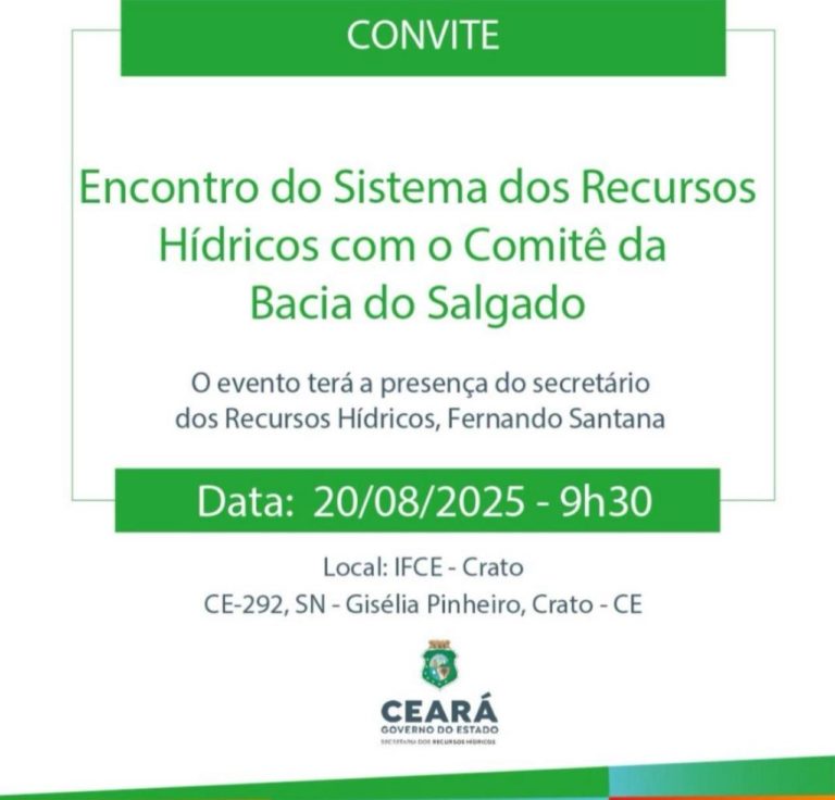 O Comitê da Sub-Bacia do Salgado convida a todos a participarem do Encontro do Sistema de Recursos Hídricos, a realizar-se no dia 20 (quarta-feira), a partir das 9h, no auditório do IF/CE – Campus Crato.